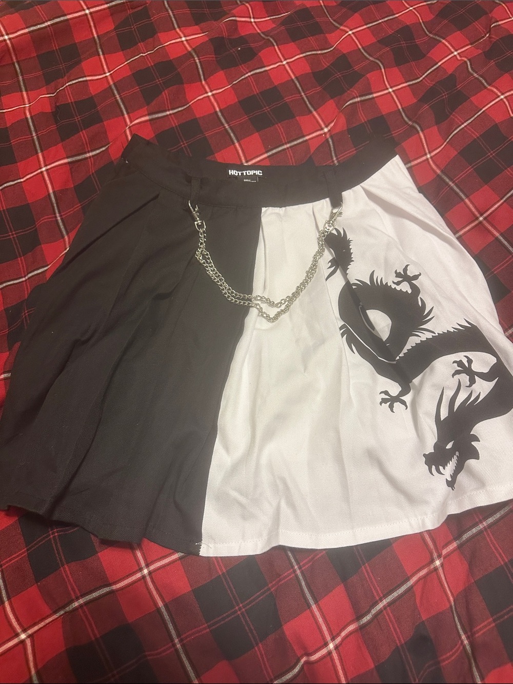 Hot Topic Black and White Dragon Pleated Skirt with Silver Chain Accent